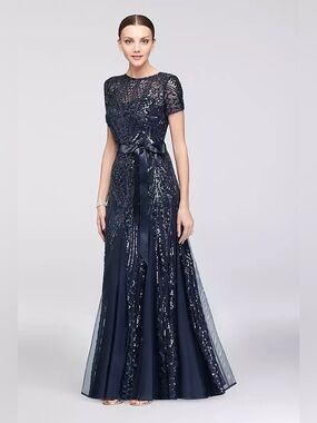 R&M Richards Navy Sequin Evening Gown with Satin Waist Tie
